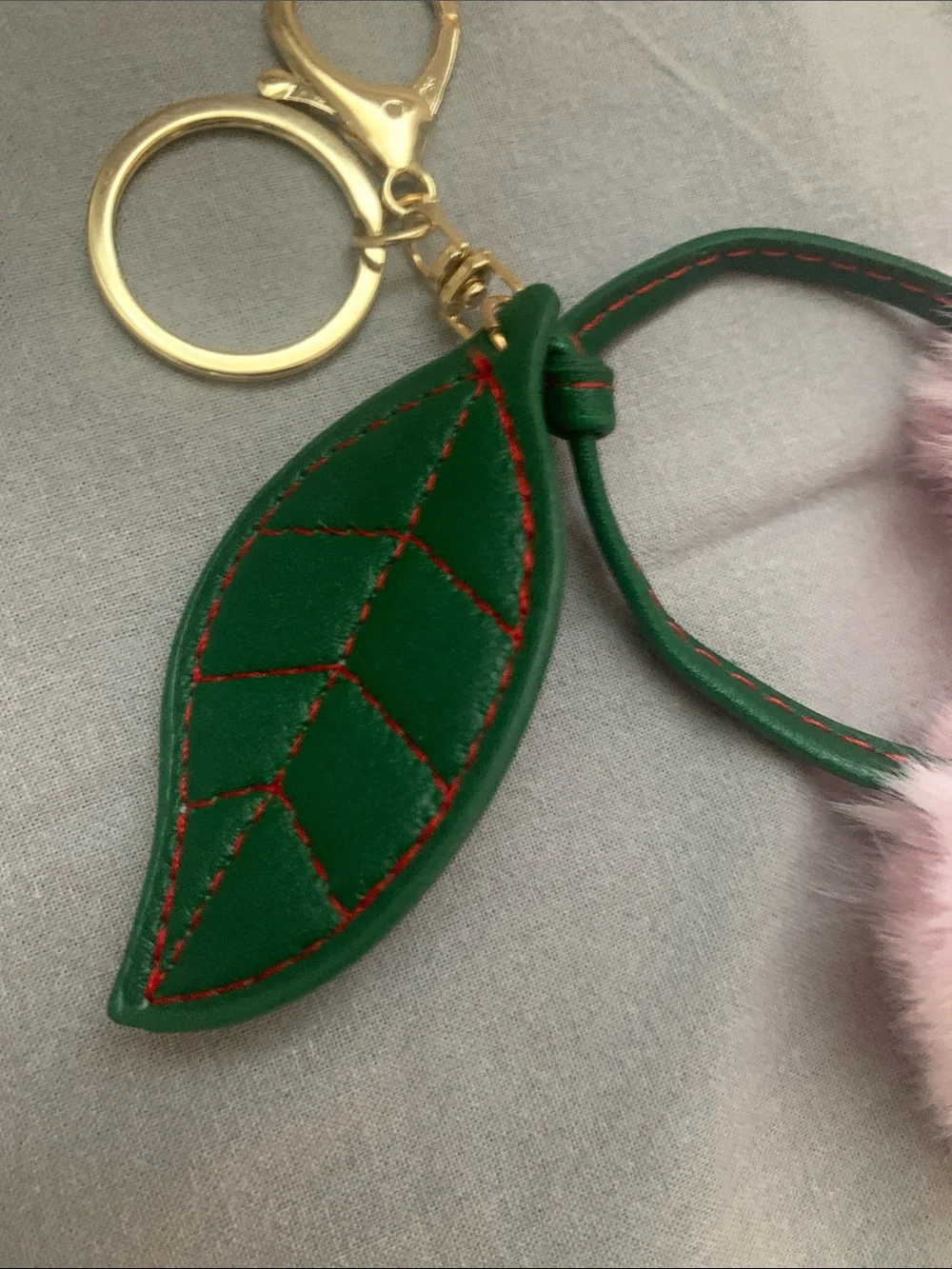 🆕- Pink Pom Pom Cherry Bag Charm Or Keychain with Green Leaf Accent